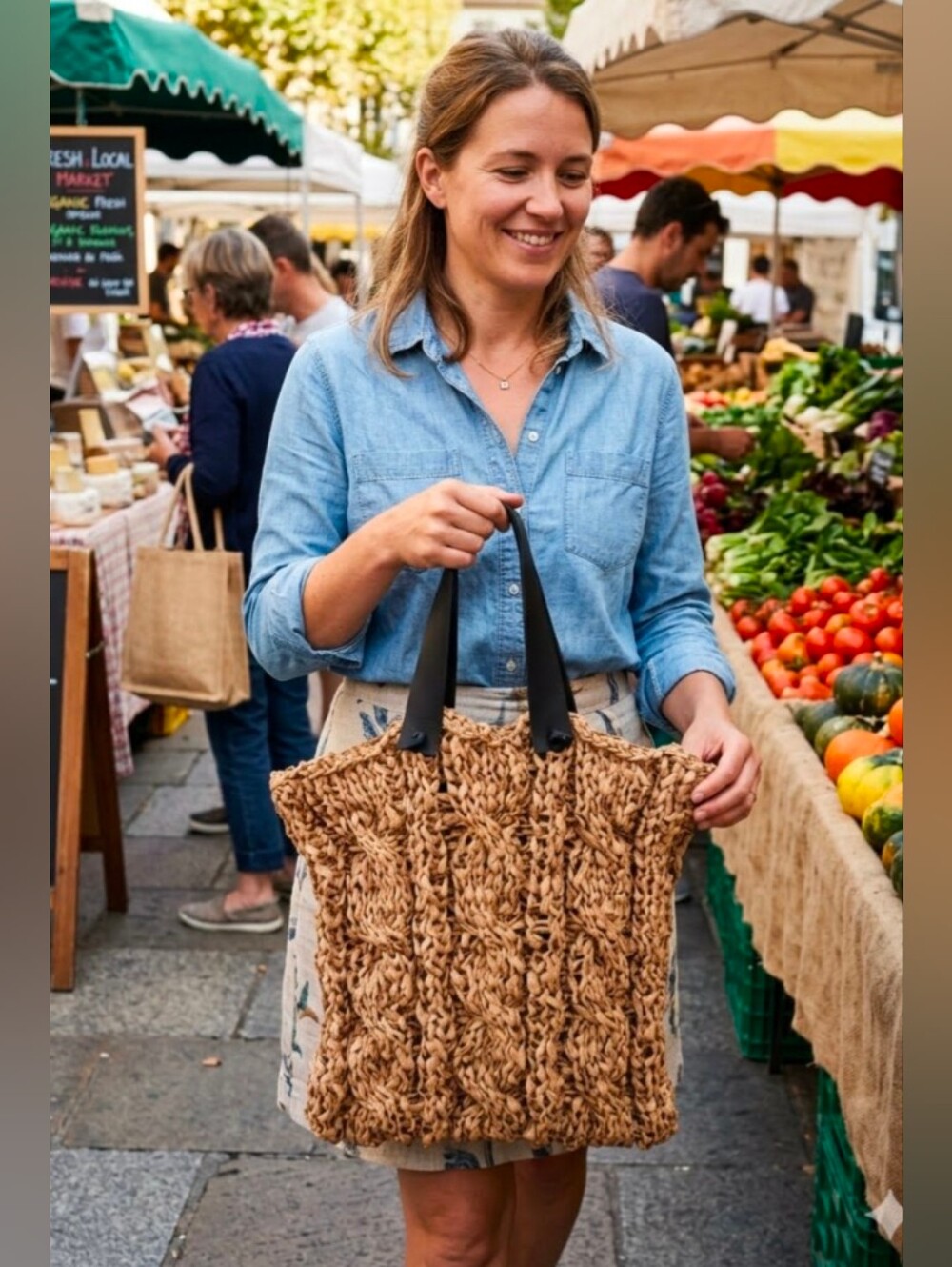 Handmade Tan Plarn Plastic Yarn Cable Knit Bag Brown Genuine Leather Handles